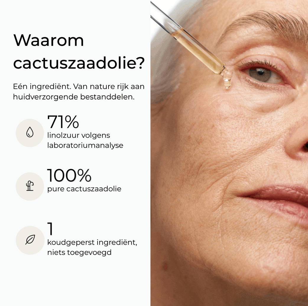 Pipet met HENDIA cactuszaadolie bij de wang van een glimlachende vrouw met zilverblond haar, met uitleg: 71% linolzuur, 100% pure cactuszaadolie en één koudgeperst ingrediënt