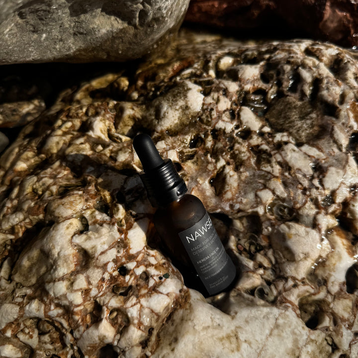 Flesje HENDIA Face Oil van NAWSER. met pipet, liggend op natte, ruwe rotsen in het zonlicht