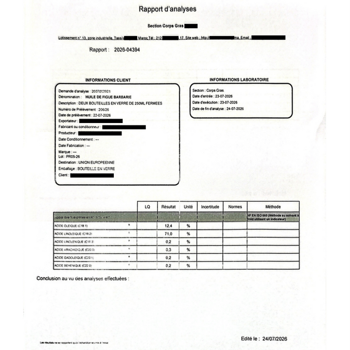 Laboratoriumrapport van de vetzuuranalyse van de cactuszaadolie van HENDIA (lot PR05 26), met 71,0% linolzuur en 12,4% oliezuur